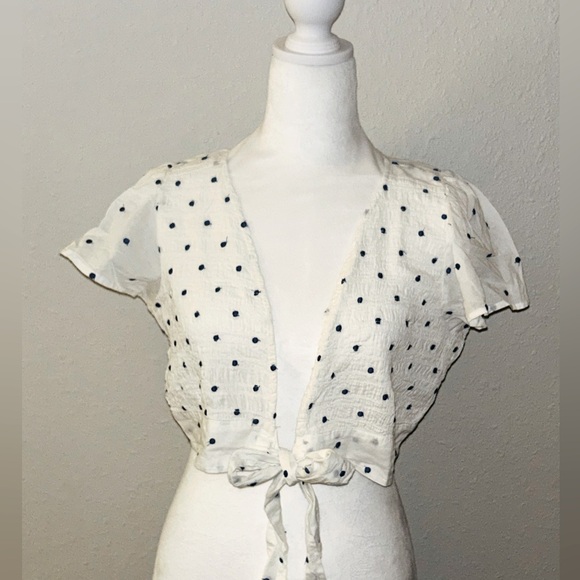 NEW American Eagle White/ Blue Polka Dot Tie-front Crop Shirt size Large NWT - Picture 5 of 13